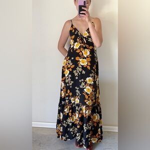 Vintage Long Floral Maxi Dress in Black & Orange Karen-T Design Made inUSA Small